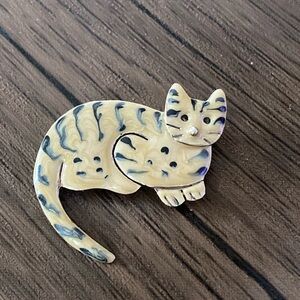 Sterling Silver CAT Brooch Signed AJH Anne Jane Enamel VINTAGE PIN 926 rare